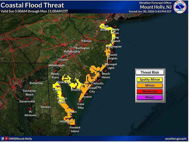 The threat of minor coastal flooding is most serious on Sunday morning at high tide. (Courtesy of National Weather Service)
