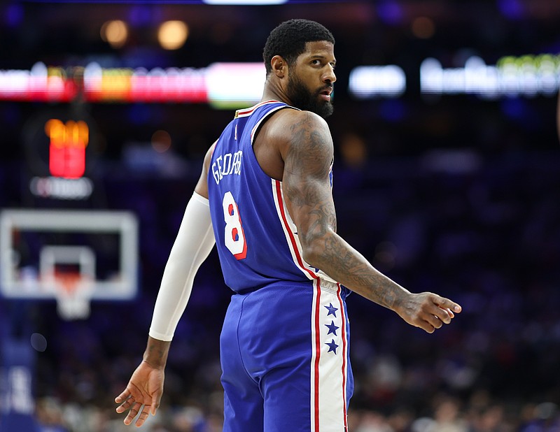 Jan 14, 2026; Philadelphia, Pennsylvania, USA; Philadelphia 76ers forward Paul George (8) reacts after his and one against the Cleveland Cavaliers during the second quarter at Xfinity Mobile Arena. Mandatory Credit: Bill Streicher-Imagn Images