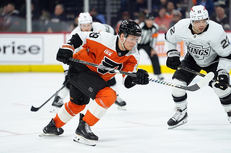 Jan 31, 2026; Philadelphia, Pennsylvania, USA; Philadelphia Flyers right wing Matvei Michkov (39) in action against the Los Angeles Kings in the second period at Xfinity Mobile Arena. Mandatory Credit: Kyle Ross-Imagn Images