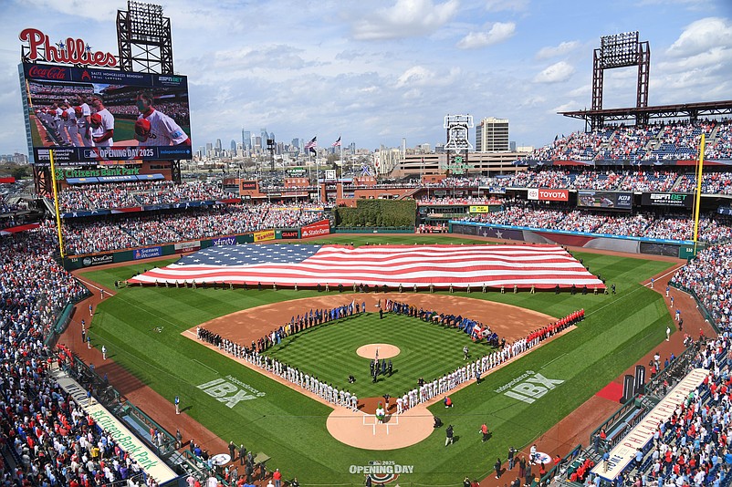 Mar 31, 2025; Philadelphia, Pennsylvania, USA; A general view of Citizens Bank Park during the national anthem before game between Colorado Rockies and Philadelphia Phillies. Mandatory Credit: Eric Hartline-Imagn Images