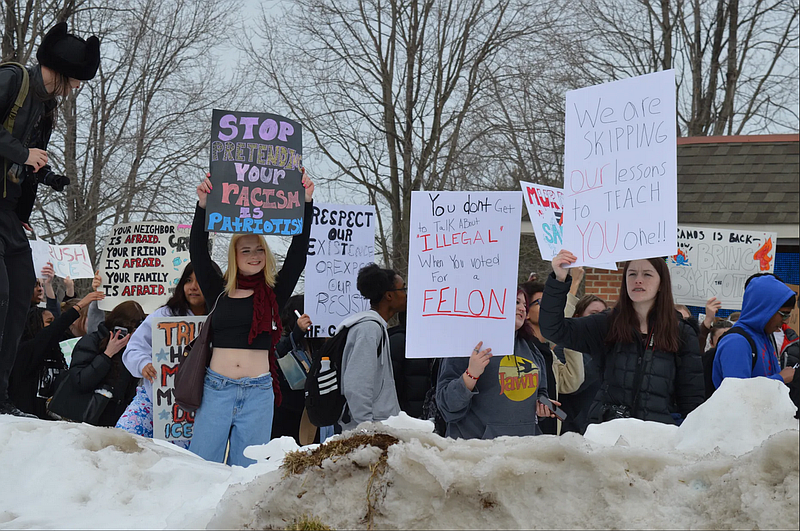 North Penn High School students participate in a walk out on Feb. 6, 2026 in Towamencin Township in protest of immigration enforcement.