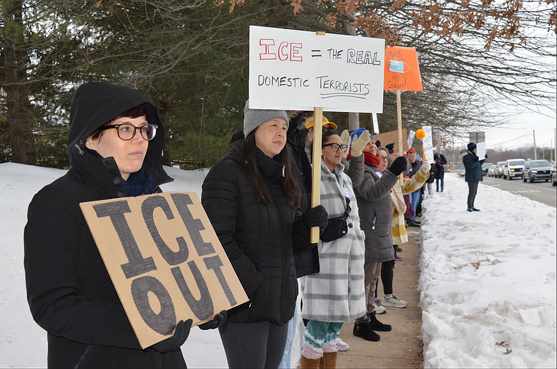 Area residents hold signs in solidarity with North Penn High School students who walked out of class on Feb. 6, 2026 to participate in an anti-ICE demonstration.