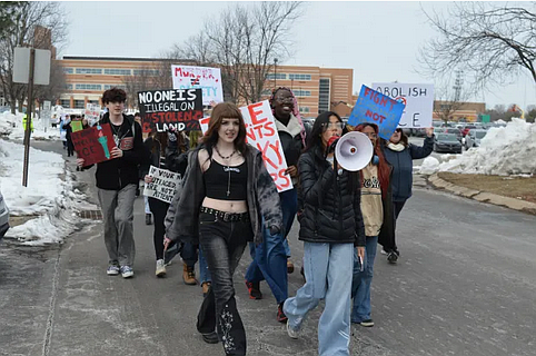 Students walk out of North Penn High School on Feb. 6, 2026, participating in an anti-ICE demonstration outside the school building in Towamencin Township.