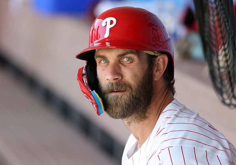 Mar 19, 2025; Clearwater, Florida, USA;  Philadelphia Phillies first base Bryce Harper (3) looks on against the New York Yankees at BayCare Ballpark. Mandatory Credit: Kim Klement Neitzel-Imagn Images