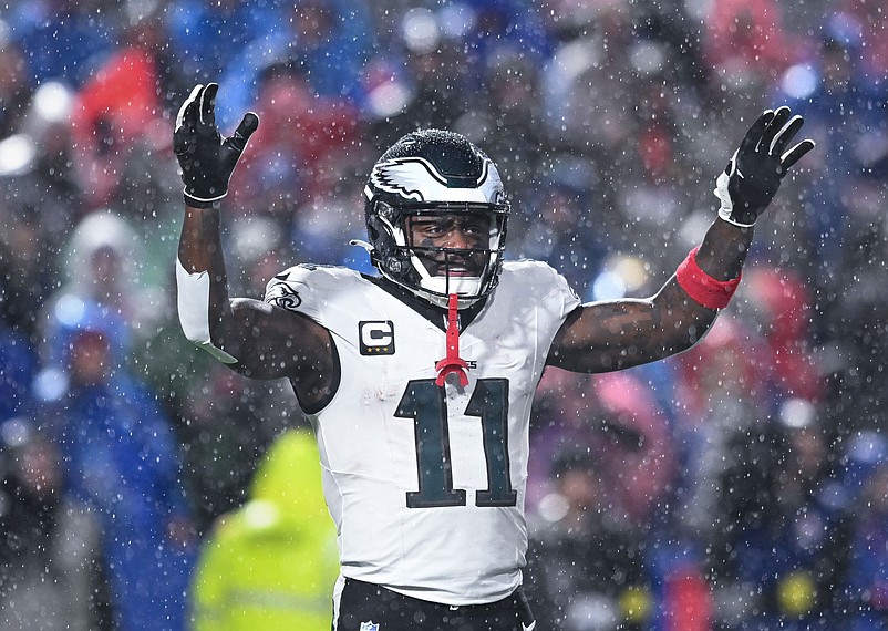 Dec 28, 2025; Orchard Park, New York, USA; Philadelphia Eagles wide receiver A.J. Brown (11) during a timeout in the third quarter against the Buffalo Bills at Highmark Stadium. Mandatory Credit: Mark Konezny-Imagn Images