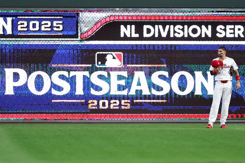 Oct 6, 2025; Philadelphia, Pennsylvania, USA; Philadelphia Phillies right fielder Nick Castellanos (8) stands in right field in the second inning during game two of the NLDS round against the Los Angeles Dodgers for the 2025 MLB playoffs at Citizens Bank Park. Mandatory Credit: Bill Streicher-Imagn Images