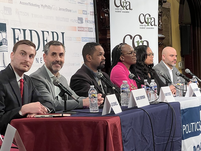 From left, Alex Schnell, Dr. Dave Oxman, Sen. Sharif Street, Dr. Ala Stanford, Rep. Morgan Cephas and Pablo McConnie-Saad, attended a forum on Feb. 9 to discuss viewpoints as they run for the PA-03 representative's seat being vacated by U.S. Rep. Dwight Evans. (Image by Linda Stein)