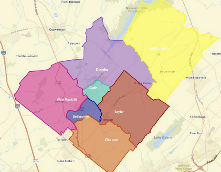 A map of the Pennridge School District’s current elementary school attendance zones. (Courtesy of the Pennridge School District)