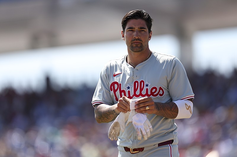Mar 4, 2024; Dunedin, Florida, USA;  Philadelphia Phillies right fielder Nick Castellanos (8) looks on after an at bat against the Toronto Blue Jays in the first inning at TD Ballpark. Mandatory Credit: Nathan Ray Seebeck-USA TODAY Sports