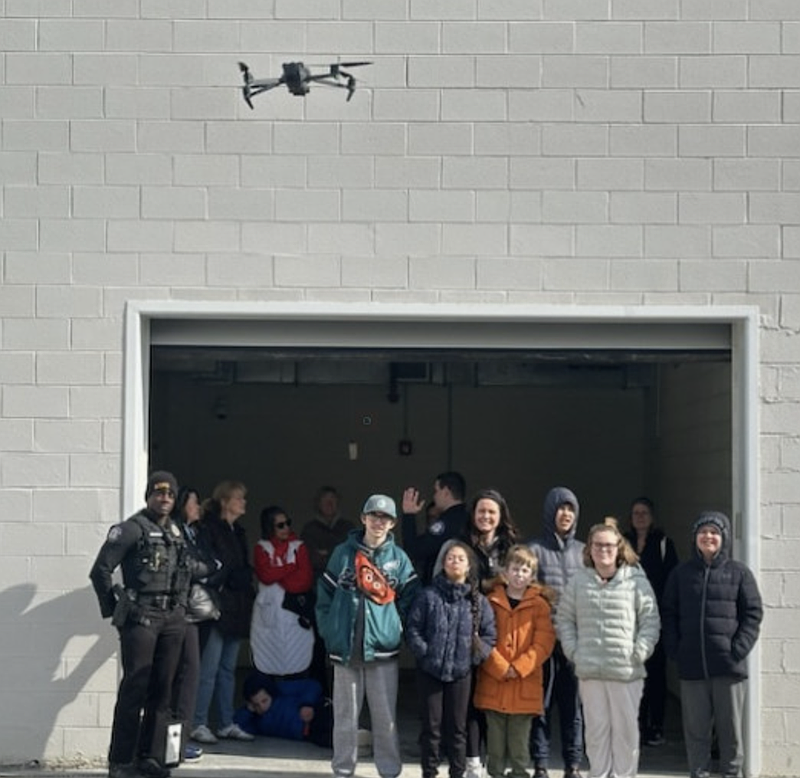 Life Skills students from Paxon Hollow Middle School were treated to a drone demonstration during a recent visit to Marple Township Police Department. (Image courtesy of MTPD)