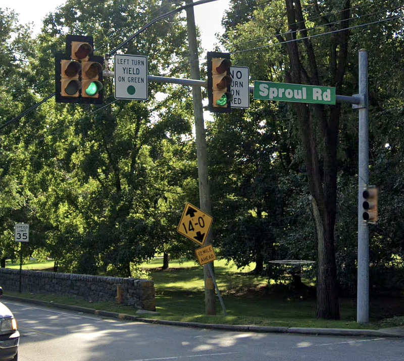 North Sproul Road from Bryn Mawr Avenue to Marple Road is closed for downed power lines. (Image courtesy of Google StreetView)