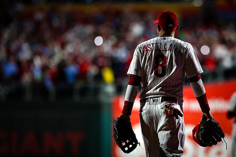 Oct 16, 2023; Philadelphia, Pennsylvania, USA; Philadelphia Phillies right fielder Nick Castellanos (8) takes the field for the ninth inning against the Arizona Diamondbacks during game one of the NLCS for the 2023 MLB playoffs at Citizens Bank Park. Mandatory Credit: Bill Streicher-USA TODAY Sports