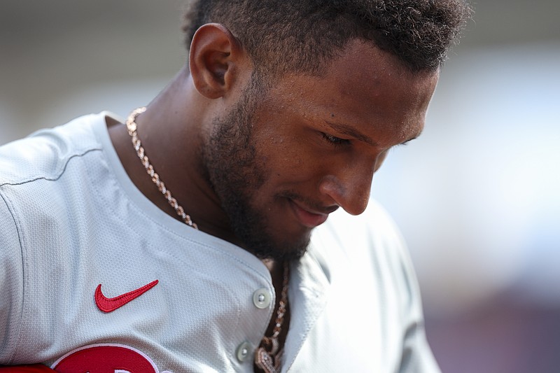 Mar 7, 2024; Port Charlotte, Florida, USA;  Philadelphia Phillies center fielder Johan Rojas (18) walks off the field against the Tampa Bay Rays in the seventh inning at Charlotte Sports Park. Mandatory Credit: Nathan Ray Seebeck-USA TODAY Sports