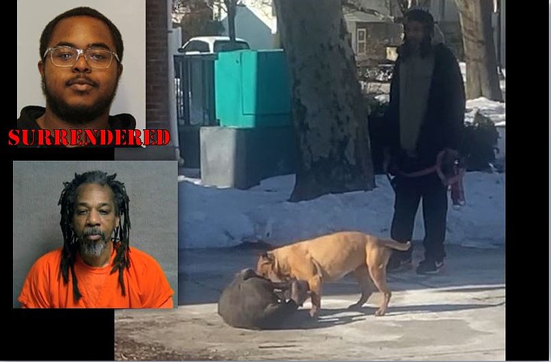 Aarin Burdine-Moody, top, turned himself in while Clarance Gilliard is jailed. Gilliard is shown looking on as his dog Ruger attacks another in a screenshot from a Facebook Live posted by Laquay Lewis.