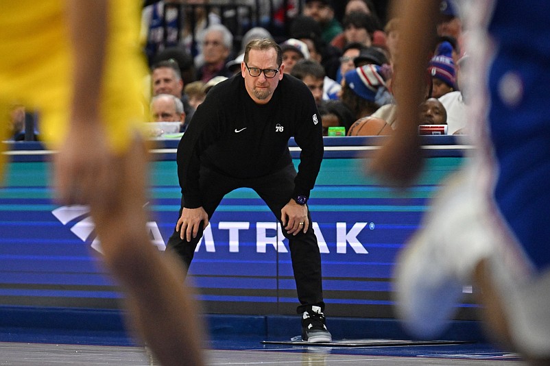 Jan 19, 2026; Philadelphia, Pennsylvania, USA; Philadelphia 76ers head coach Nick Nurse watches the action against the Indiana Pacers during the second quarter at Xfinity Mobile Arena. Mandatory Credit: Eric Hartline-Imagn Images