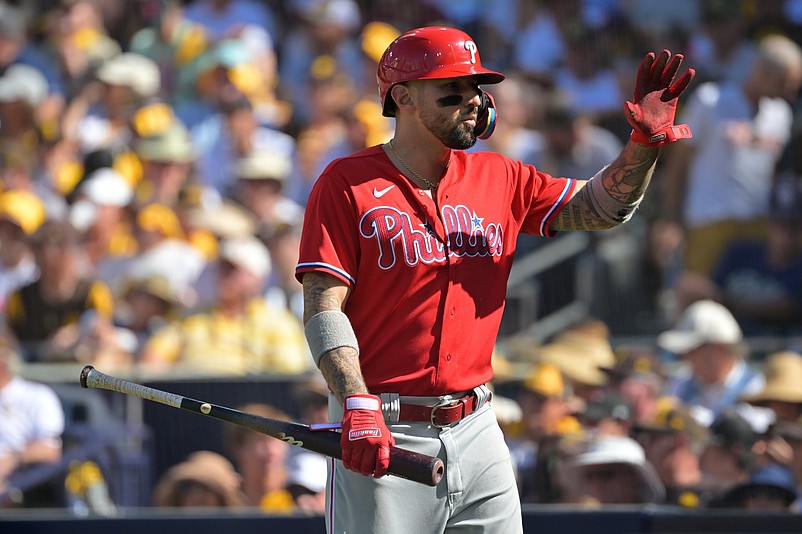 Oct 19, 2022; San Diego, California, USA; Philadelphia Phillies right fielder Nick Castellanos (8) scores a run in the second inning against the San Diego Padres during game two of the NLCS for the 2022 MLB Playoffs at Petco Park. Mandatory Credit: Jayne Kamin-Oncea-USA TODAY Sports