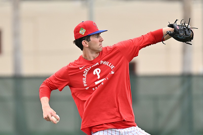 Feb 11, 2026; Clearwater, FL, USA; Philadelphia Phillies pitcher Andrew Painter (23)  warms up during spring training at BareCare Ballpark. Mandatory Credit: Jonathan Dyer-Imagn Images