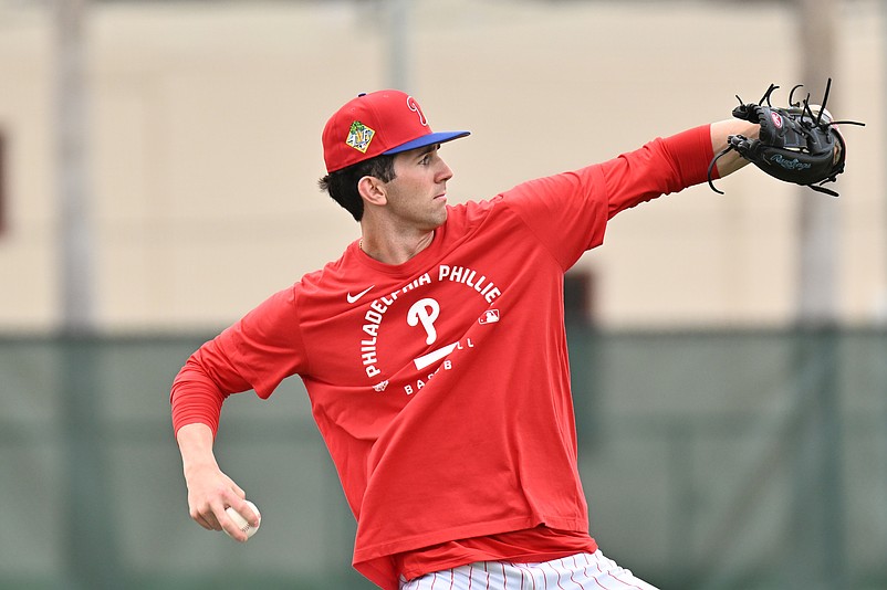 Feb 11, 2026; Clearwater, FL, USA; Philadelphia Phillies pitcher Andrew Painter (23)  warms up during spring training at BareCare Ballpark. Mandatory Credit: Jonathan Dyer-Imagn Images