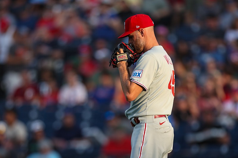 May 6, 2025; Tampa, Florida, USA; Philadelphia Phillies starting pitcher Zack Wheeler (45) gets ready to pitch a game against the Tampa Bay Rays in the first inning at George M. Steinbrenner Field. Mandatory Credit: Nathan Ray Seebeck-Imagn Images