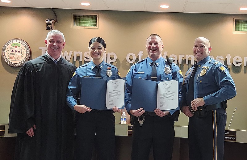 Pictured at the February 5 swearing in ceremony are (left to right) Hon. Christoper E. O’Neill, Magisterial Judge, Bucks County, Corporal Meghan Wheatley, Sergeant Chad Vargo, and Chief James Donnelly III. (Credit: Warminster Township)
