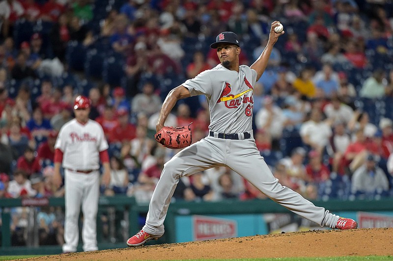 May 29, 2019; Philadelphia, PA, USA; St. Louis Cardinals starting pitcher Genesis Cabrera (61) pitches during the second inning of the game against the Philadelphia Phillies at Citizens Bank Park. Mandatory Credit: John Geliebter-USA TODAY Sports