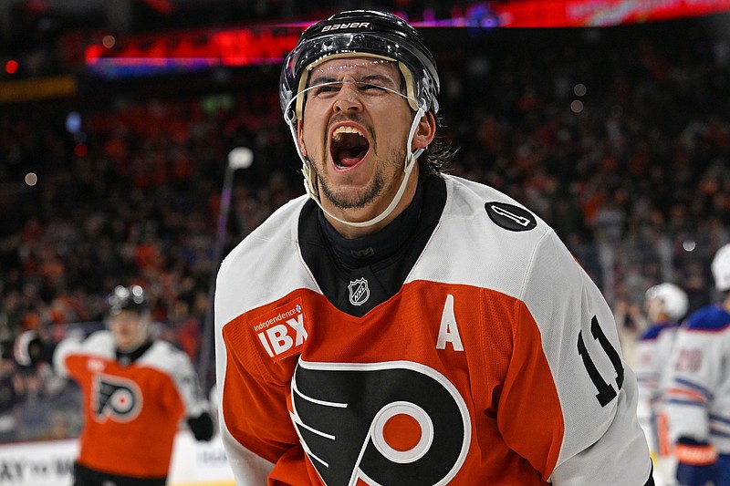 Nov 12, 2025; Philadelphia, Pennsylvania, USA; Philadelphia Flyers right wing Travis Konecny (11) against the Edmonton Oilers at Xfinity Mobile Arena. Mandatory Credit: Eric Hartline-Imagn Images
