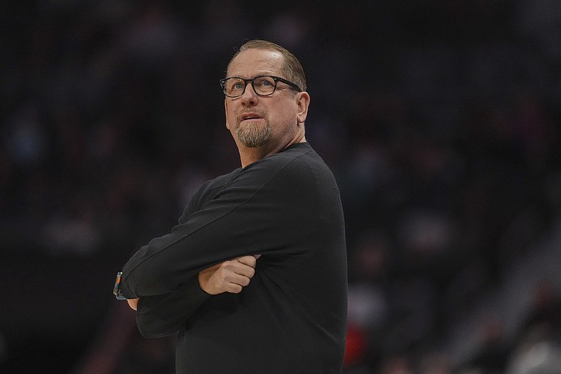 Jan 26, 2026; Charlotte, North Carolina, USA; Philadelphia 76ers head coach Nick Nurse during the first quarter against the Charlotte Hornets  at Spectrum Center. Mandatory Credit: Jim Dedmon-Imagn Images