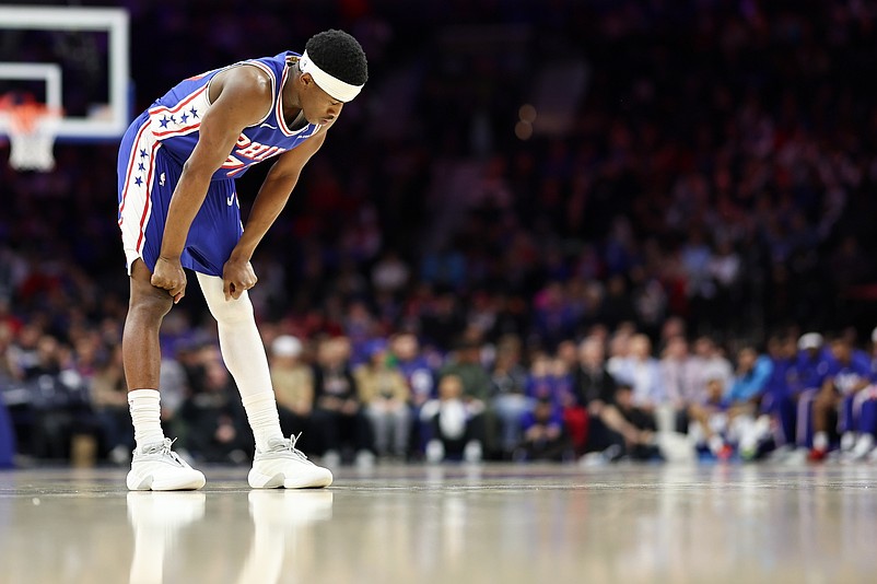 Feb 19, 2026; Philadelphia, Pennsylvania, USA; Philadelphia 76ers guard Vj Edgecombe (77) looks on during the first quarter against the Atlanta Hawks at Xfinity Mobile Arena. Mandatory Credit: Bill Streicher-Imagn Images
