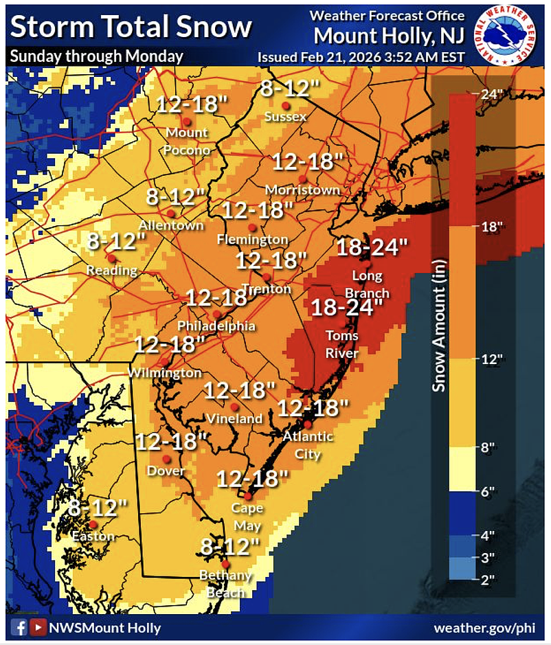 Snowfall totals from the blizzard are expected to range from 12 to 24 inches throughout New Jersey. (Courtesy of National Weather Service)