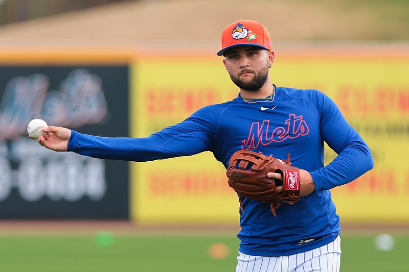 Feb 17, 2026; Port St. Lucie, FL, USA; New York Mets infielder Bo Bichette (19) works during spring training at Clover Park. Mandatory Credit: Sam Navarro-Imagn Images