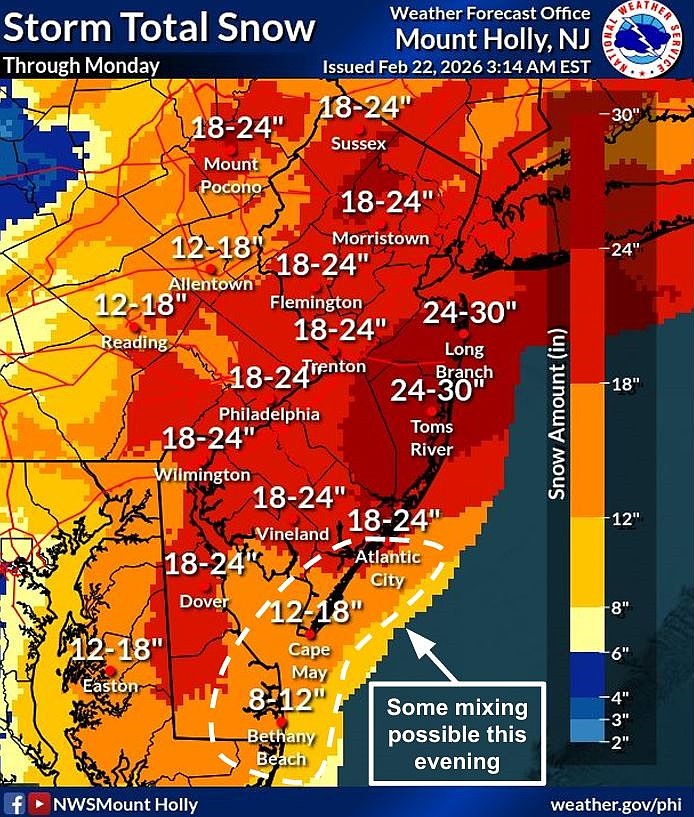 As much as 30 inches of snow is expected in New Jersey. (Courtesy of National Weather Service)