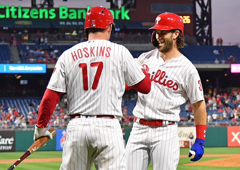 Sep 10, 2019; Philadelphia, PA, USA; Philadelphia Phillies right fielder Bryce Harper (3) celebrates his home run with  first baseman Rhys Hoskins (17) against the Atlanta Braves at Citizens Bank Park. Mandatory Credit: Eric Hartline-USA TODAY Sports