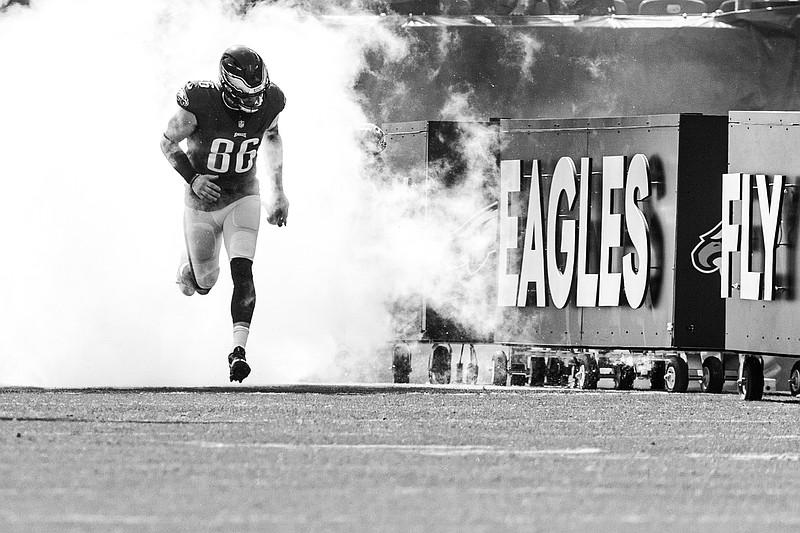 Oct 3, 2021; Philadelphia, Pennsylvania, USA; (Original photo converted to black and white) Philadelphia Eagles tight end Zach Ertz (86) takes the field for action against the Kansas City Chiefs at Lincoln Financial Field. Mandatory Credit: Bill Streicher-USA TODAY Sports