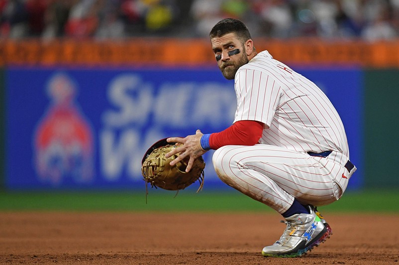Aug 18, 2025; Philadelphia, Pennsylvania, USA;  Philadelphia Phillies first base Bryce Harper (3) takes a break during pitching change during the seventh inning against the Seattle Mariners at Citizens Bank Park. Mandatory Credit: Eric Hartline-Imagn Images