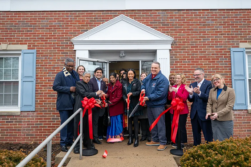 Officials gather for a photo on Feb. 20, 2026 outside Todi’s Place of Hope as they cut the ribbon on the new supportive short term housing facility at 1107 E. Main St. in Lansdale. (Photo courtesy Montgomery County PA)