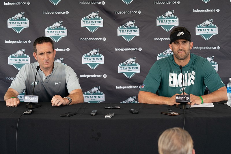 Jul 28, 2021; Philadelphia, PA, USA; Philadelphia Eagles general manager Howie Roseman (L) and head coach Nick Sirianni (R) speak with the media at training camp at NovaCare Complex. Mandatory Credit: Bill Streicher-USA TODAY Sports