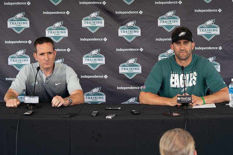 Jul 28, 2021; Philadelphia, PA, USA; Philadelphia Eagles general manager Howie Roseman (L) and head coach Nick Sirianni (R) speak with the media at training camp at NovaCare Complex. Mandatory Credit: Bill Streicher-USA TODAY Sports