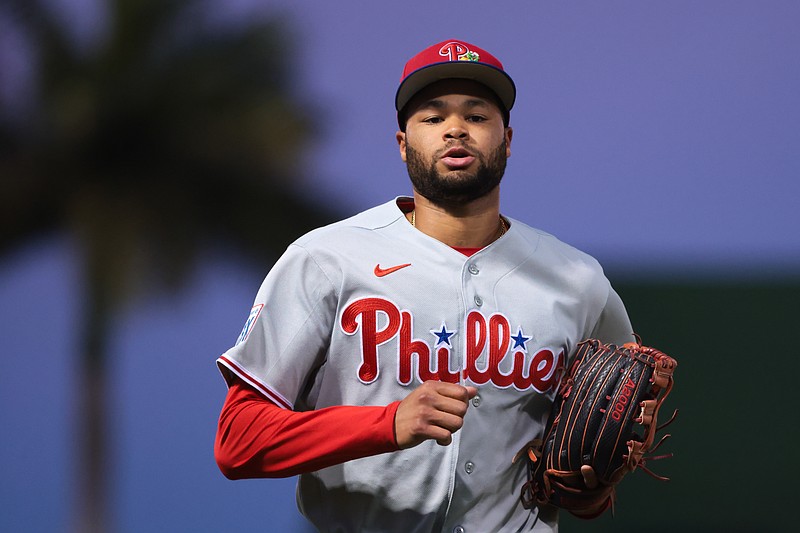 Feb 22, 2026; West Palm Beach, Florida, USA; Philadelphia Phillies center fielder Justin Crawford (80) returns to the dugout against the Washington Nationals during the first inning at CACTI Park of the Palm Beaches. Mandatory Credit: Sam Navarro-Imagn Images
