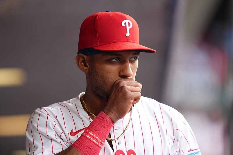 May 12, 2025; Philadelphia, Pennsylvania, USA; Philadelphia Phillies outfielder Johan Rojas (23) looks on before the game against the St. Louis Cardinals at Citizens Bank Park. Mandatory Credit: Kyle Ross-Imagn Images