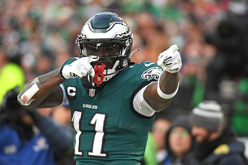 Jan 26, 2025; Philadelphia, PA, USA; Philadelphia Eagles wide receiver A.J. Brown (11) against the Washington Commanders in the NFC Championship game at Lincoln Financial Field. Mandatory Credit: Eric Hartline-Imagn Images