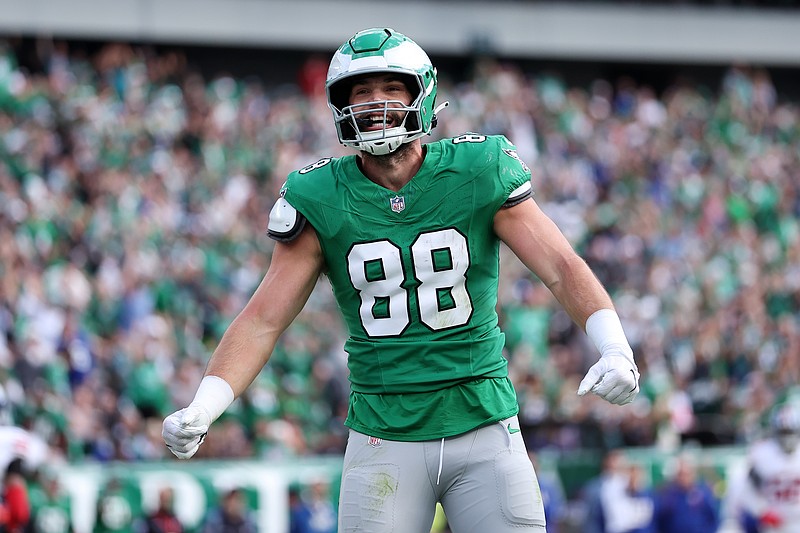 Oct 26, 2025; Philadelphia, Pennsylvania, USA; Philadelphia Eagles tight end Dallas Goedert (88) after scoring a touchdown against the New York Giants in the second quarter at Lincoln Financial Field. Mandatory Credit: Bill Streicher-Imagn Images
