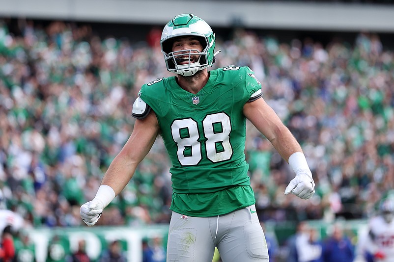 Oct 26, 2025; Philadelphia, Pennsylvania, USA; Philadelphia Eagles tight end Dallas Goedert (88) after scoring a touchdown against the New York Giants in the second quarter at Lincoln Financial Field. Mandatory Credit: Bill Streicher-Imagn Images