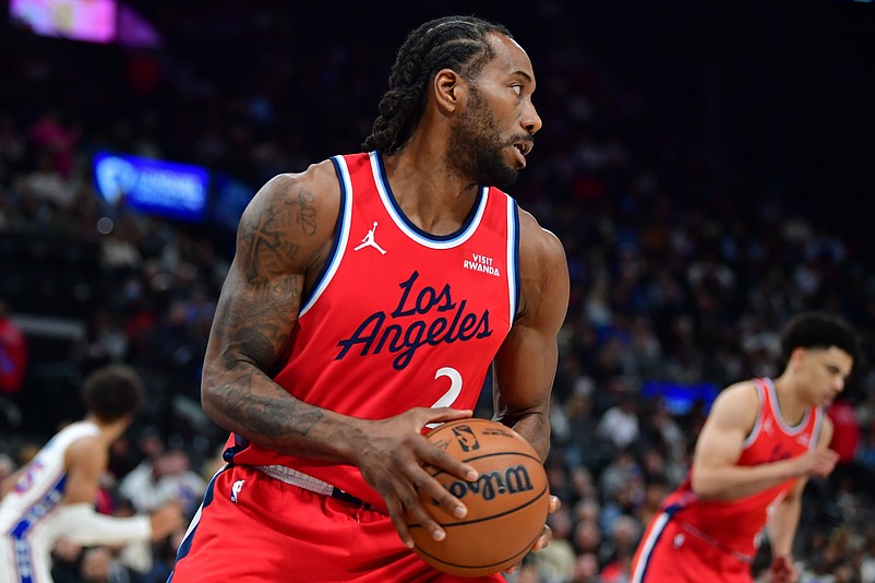 Feb 2, 2026; Inglewood, California, USA; Los Angeles Clippers forward Kawhi Leonard (2) moves the ball against the Philadelphia 76ers during the second half at Intuit Dome. Mandatory Credit: Gary A. Vasquez-Imagn Images