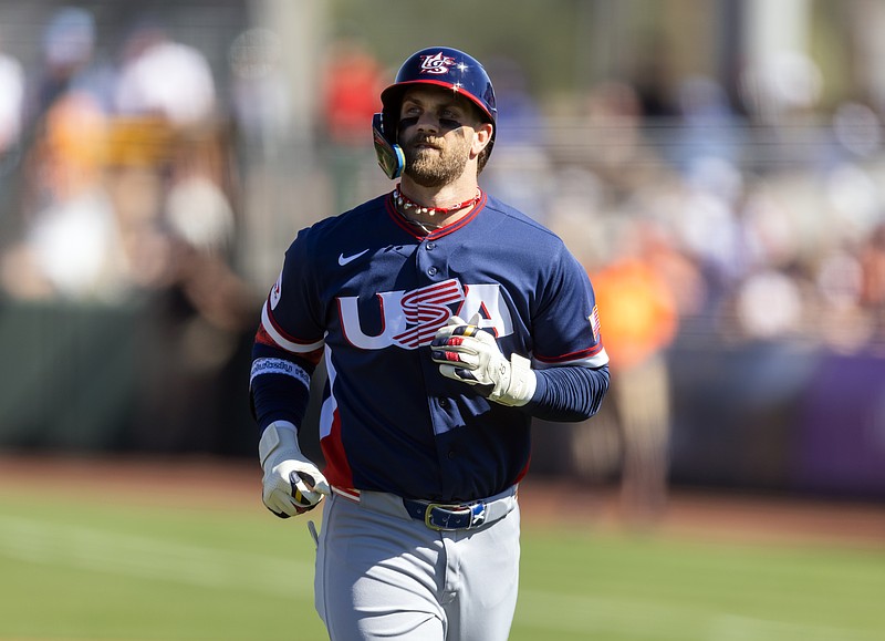 Mar 3, 2026; Scottsdale, AZ, USA; Team USA first baseman Bryce Harper (24) against the San Francisco Giants during a spring training game at Scottsdale Stadium. Mandatory Credit: Mark J. Rebilas-Imagn Images