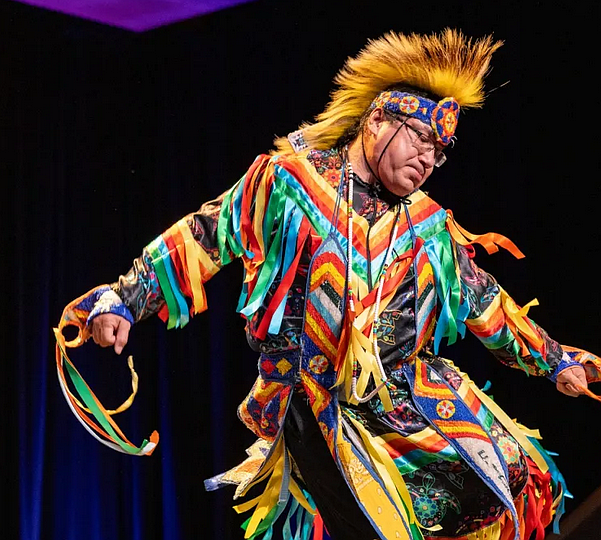 Delwin Fiddler Jr. during a performance of “The White Buffalo.” (Courtesy of KU Presents!)