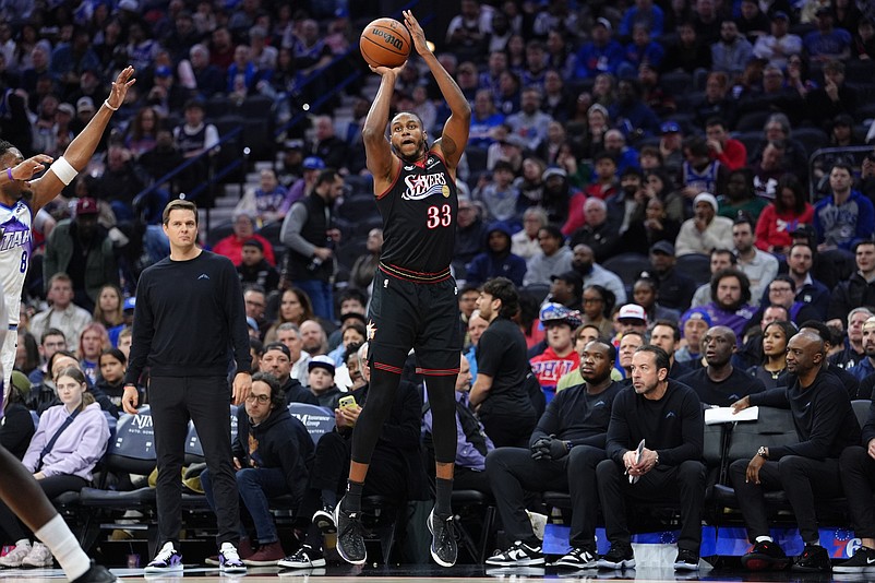 Mar 4, 2026; Philadelphia, Pennsylvania, USA; Philadelphia 76ers forward Jabari Walker (33) shoots the ball against the Utah Jazz in the second quarter at Xfinity Mobile Arena. Mandatory Credit: Kyle Ross-Imagn Images