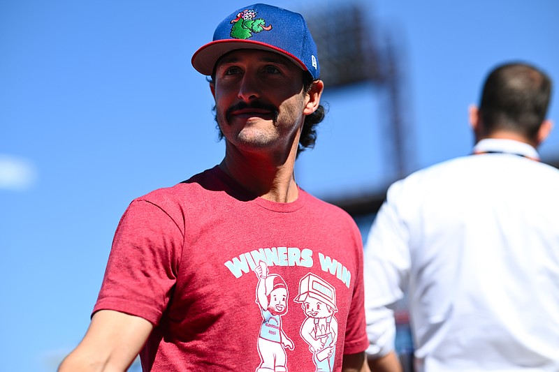 Oct 6, 2024; Philadelphia, Pennsylvania, USA; Philadelphia Phillies catcher Garrett Stubbs (21) looks on before game two of the NLDS against the New York Mets for the 2024 MLB Playoffs at Citizens Bank Park. Mandatory Credit: Kyle Ross-Imagn Images