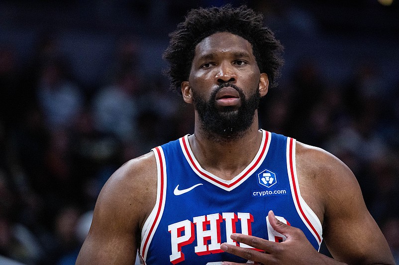 Feb 24, 2026; Indianapolis, Indiana, USA;  Philadelphia 76ers center/forward Joel Embiid (21) in the first half against the Indiana Pacers at Gainbridge Fieldhouse. Mandatory Credit: Trevor Ruszkowski-Imagn Images