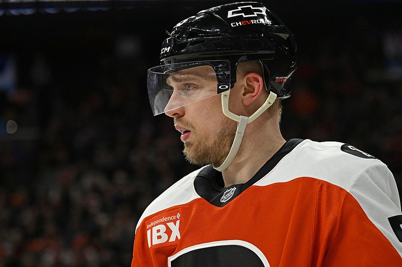Mar 5, 2026; Philadelphia, Pennsylvania, USA; Philadelphia Flyers defenseman Rasmus Ristolainen (55) against the Utah Mammoth during the second period at Xfinity Mobile Arena. Mandatory Credit: Eric Hartline-Imagn Images