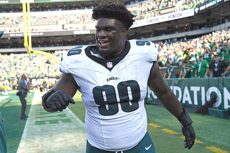 Sep 21, 2025; Philadelphia, Pennsylvania, USA; Philadelphia Eagles defensive tackle Jordan Davis (90) against the Los Angeles Rams at Lincoln Financial Field. Mandatory Credit: Eric Hartline-Imagn Images